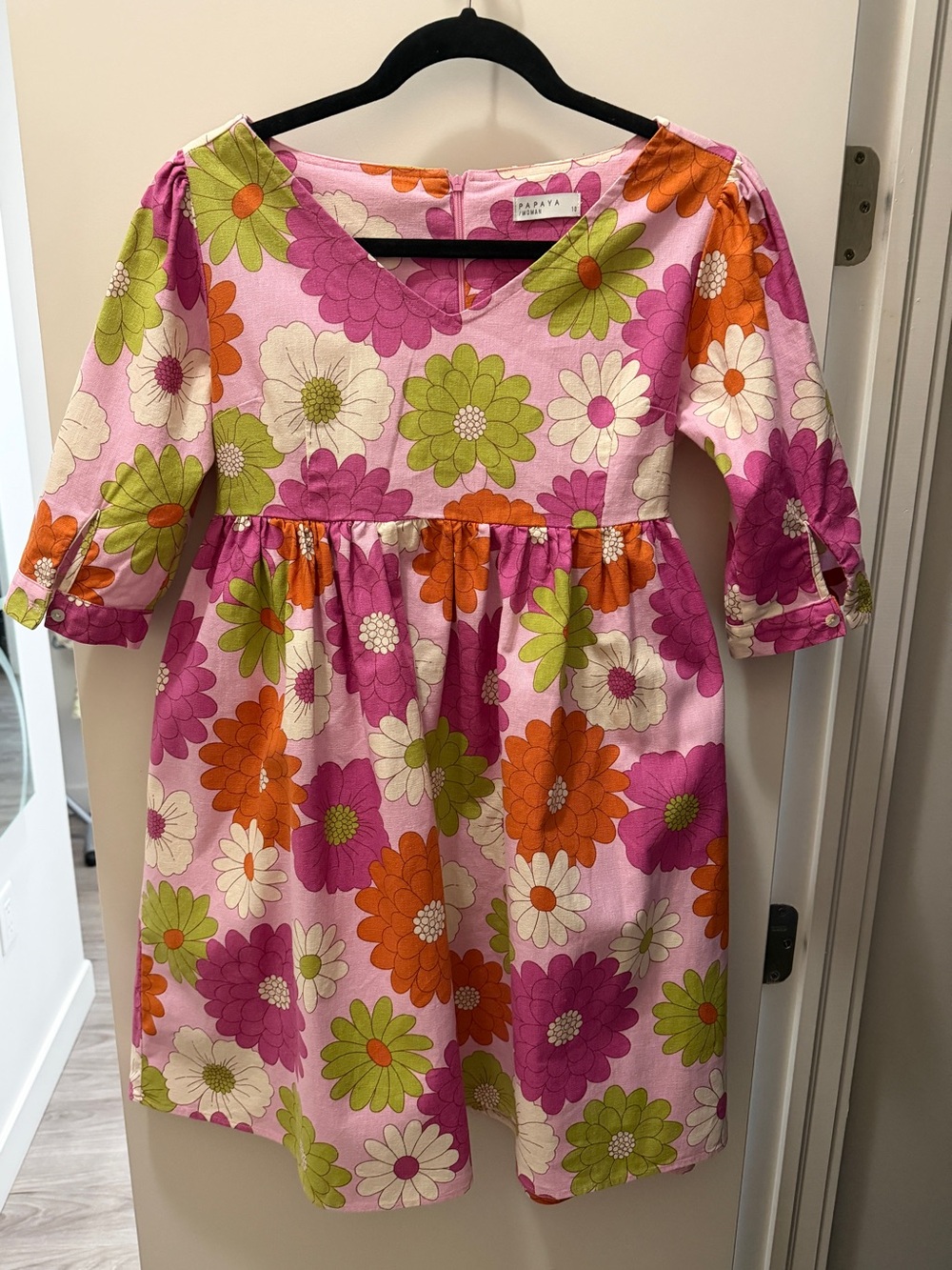 Vintage-Style Papaya Pink Cotton Dress with Green & Orange Blooms